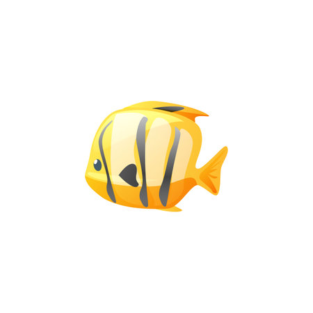 Cartoon-style vector cute fish with a pattern of black stripes with black fins, yellow tailのイラスト素材