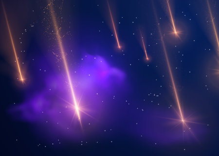 Falling comets or asteroids with red sparkling flame trail in cosmos vector illustration, dark space with stars, cloudsのイラスト素材