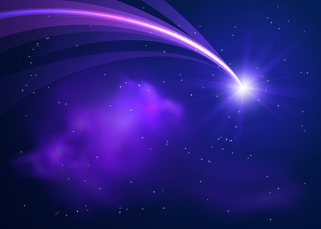 Vector illustration of a bright star falling in a cosmic fog in the starry skyのイラスト素材