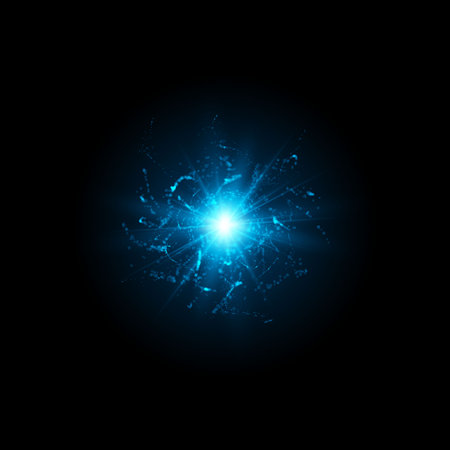 Vector design with sparkling star with sparkles and magic blue rays on a black backgroundのイラスト素材