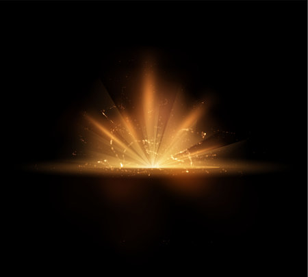 Vector illustration with luminous yellow glitter and transparent lighting effects on a black background.のイラスト素材