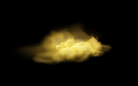 Magic smoke or yellow fog cloud, vector special realistic effect mist or smog on black background, powder or steam sprayのイラスト素材
