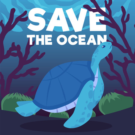 Underwater scene with a sea turtle in the depths of the blue ocean on a coral backgroundのイラスト素材