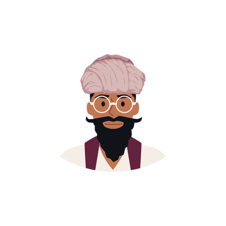 Fashion turban headdress Arab or Indian culture, Saudi oriental bearded man with wrapped head scarf hat vector avatarのイラスト素材