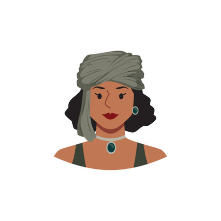 Vector illustration in cartoon style with a young girl in a traditional turban, reflecting traditional headdressesのイラスト素材