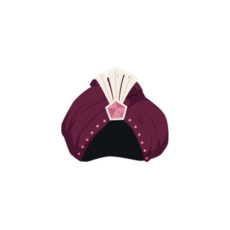 Arabic turban Indian traditional hat, vector oriental culture headdress with gem and feather, burgundy velvet head scarfのイラスト素材
