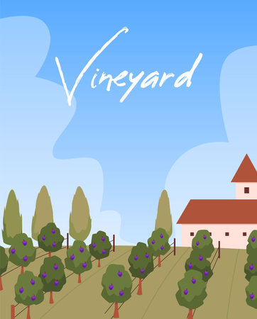 Vector illustration of a vineyard with grape fields, poster with place for text.のイラスト素材