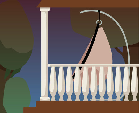 Hanging chair in cozy terrace interior design, vector comfort furniture chair swing on outdoor veranda, modern loungeのイラスト素材