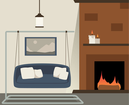 Hanging chair with pillows in cozy interior design, vector comfy furniture bench swing in living room with fireplaceのイラスト素材