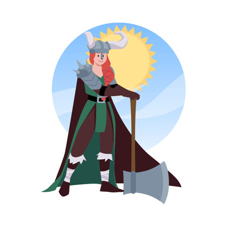 Scandinavian warrior woman in vector uniform on isolated background.のイラスト素材