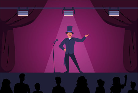 Actor on the stage of a theater hall. Flat vector illustration.のイラスト素材