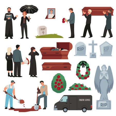 Funeral cemetery ceremony vector illustration set, grave, coffin and mourning people, priest, funeral car burial serviceのイラスト素材