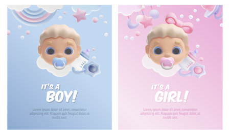 Cute newborn face with nipple, bottle with pacifier, rattle, baby shower Its a boy and Its a girl 3d vector poster setのイラスト素材