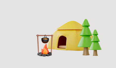 Cozy camping scene 3D icon vector illustrationのイラスト素材