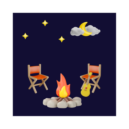 Relaxation by campfire with guitar against of the night sky with the moon and stars 3D vector, folding chair, campingのイラスト素材