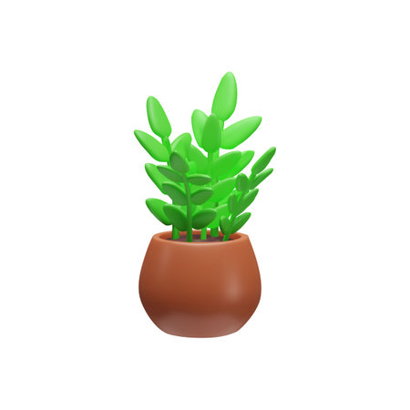 3D vector indoor plant with juicy green leaves in a pot of brown clayのイラスト素材