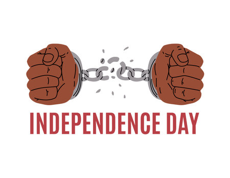 Hands in handcuffs with broken chain, vector poster. Independence Day.のイラスト素材