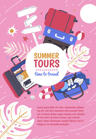 Cute vector illustration with travel bags and exotic monstera leaves on a pink background.のイラスト素材