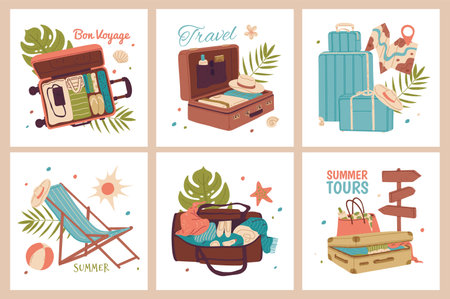 Set of posters with travel equipment and tropical decor.のイラスト素材