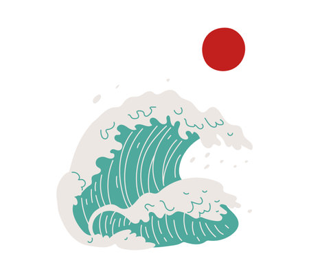 Japanese Kabuki style green wave and red sun vector illustrationのイラスト素材