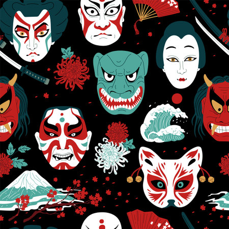 Traditional Japanese Kabuki masks decorated with sakura and fans in seamless vector design.のイラスト素材