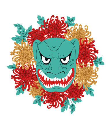 Japanese Kabuki mask with Higanbana flowers.Isolated illustration.のイラスト素材