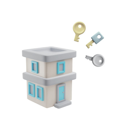 Two floors building with keys 3D style vector illustration, real estate, sale house, rent, property insurance, mortgageのイラスト素材