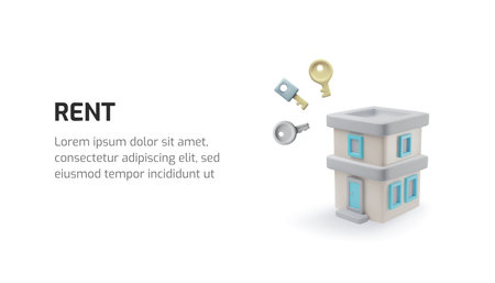 Two floors building with keys RENT vector banner 3D design, volume house or office apartment advertising, real estateのイラスト素材