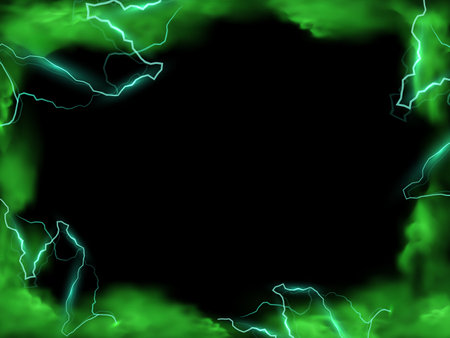 Green lightning strikes and smoke effect frame background, storm clouds, magical energy flash with fog border designのイラスト素材