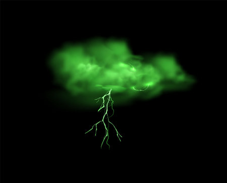 Green cloud with lightning strikes thundercloud, vector realistic storm cloud, magical energy flash, glowing thunderboltのイラスト素材