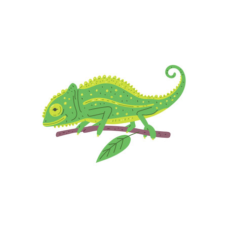 Charming vector illustration in a flat style of a green chameleon sitting on a branchのイラスト素材