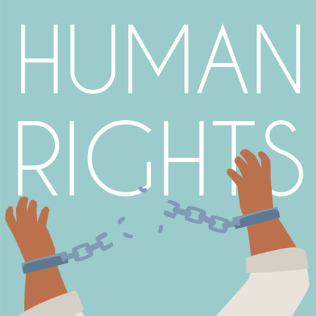 Vector concept of the struggle for freedom, a poster with broken handcuffs on his handsのイラスト素材