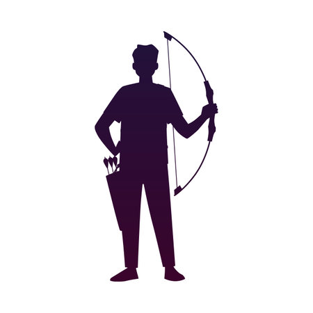 Young professional archer man with bow and arrow standing full height black silhouette vector cartoon archery sportのイラスト素材