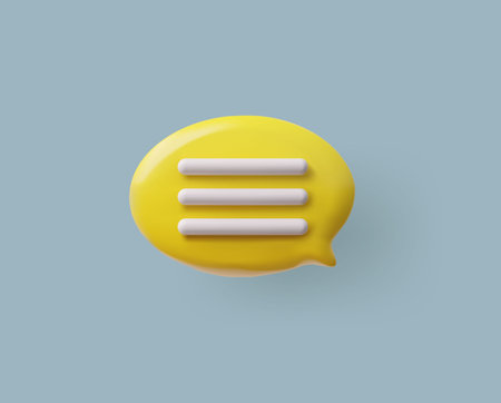 3D glossy yellow speech bubble with white text lines, message chat vector icon, volume oval text...