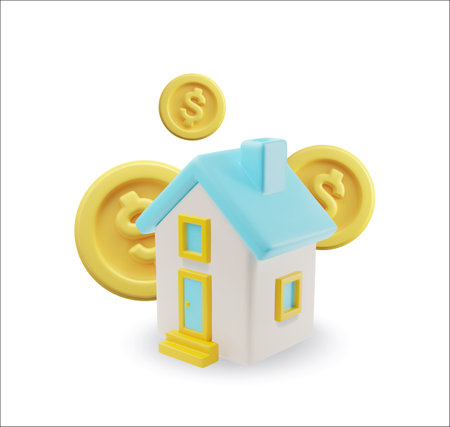 House with dollar coins falling 3D style vector, real estate investment, rent, mortgage or loan, buying and selling homeのイラスト素材