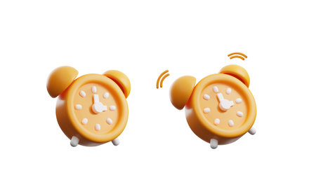 3D orange alarm clock and ringing watches vector icons set, render sleeping or deadline timer...