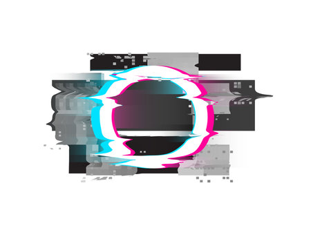 Circle with glitch and digital noise effects, dynamic round with geometric shapes and pixels, vector destroyed ringのイラスト素材