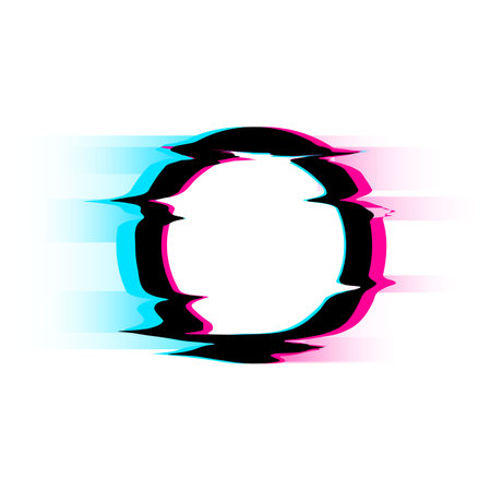 Circle with glitch and digital noise effect, round dynamic shape vector, abstract destroyed glitch colorful ring frameのイラスト素材