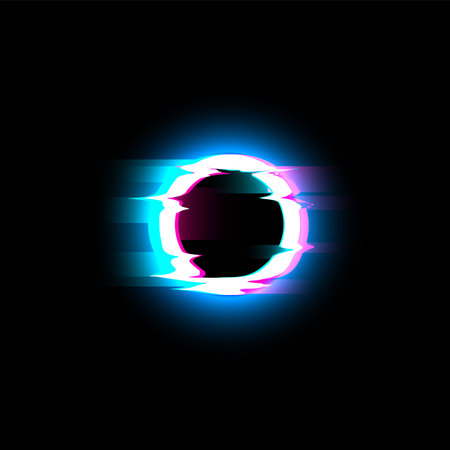 Glowing circle with glitch and digital noise effect, vector round dynamic border, abstract destroyed glitch ring frameのイラスト素材