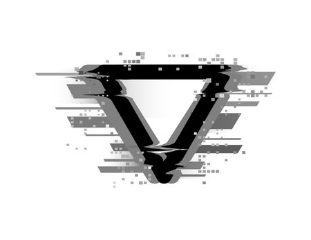 Triangle with glitch and digital grey pixel noise effect, dynamic shape vector, abstract distorted glitch black frameのイラスト素材