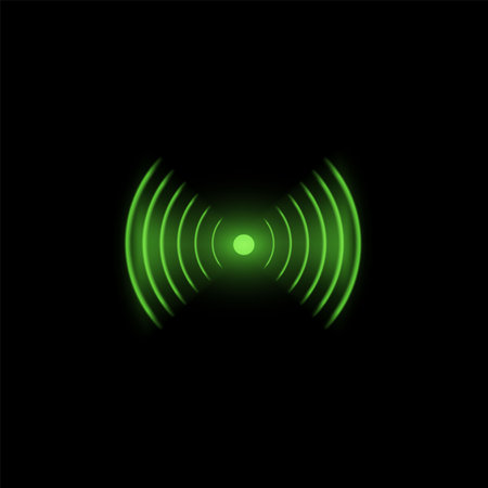 Green Wifi technology digital radar neon light vector icon, glow wireless radial waves signal, sound effect antenna signのイラスト素材