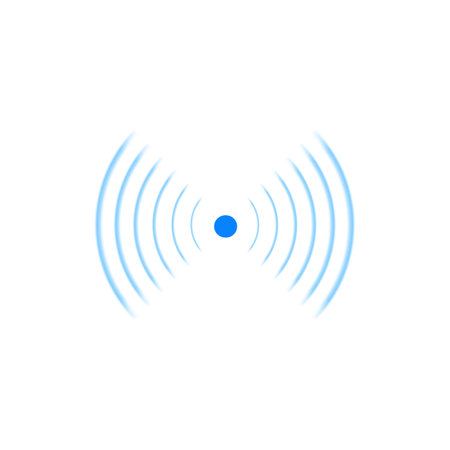 technology digital radar sonar vector symbol, blue wireless waves radial signal, sound effect network antenna iconのイラスト素材