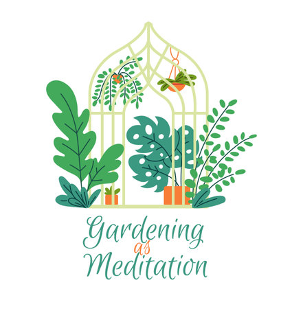 Gardening as meditation floral vector design, cozy greenhouse, orangery with potted plants, home gardening urban jungleのイラスト素材