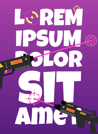 Laser tag guns, targets on invitation advertising vector poster, cartoon gamers rays weapon, military strategy game clubのイラスト素材