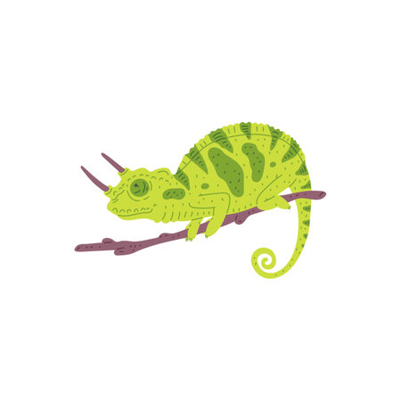 Cute spotted green chameleon with horns and curled tail sitting on branch, vector cartoon tropical exotic lizard guanaのイラスト素材
