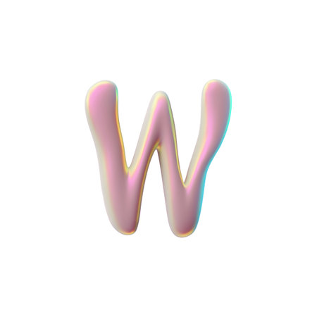 3D glossy plastic pink letter W, liquid surface holographic reflection, vector realistic Y2K font volume spilled polishのイラスト素材