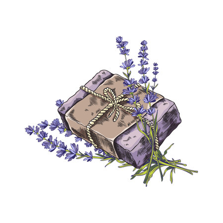 Purple handmade soap with lavender flowers.のイラスト素材