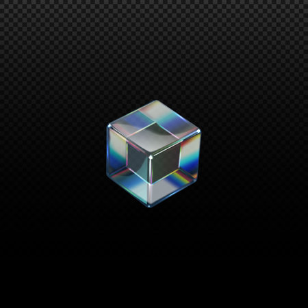3D transparent glossy crystal glass cube with holographic dispersion effect, vector rainbow colors...