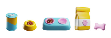 Feed pet bowls, food package bag, bone and metal can 3D vector icon set, cartoon pet care accessory,...