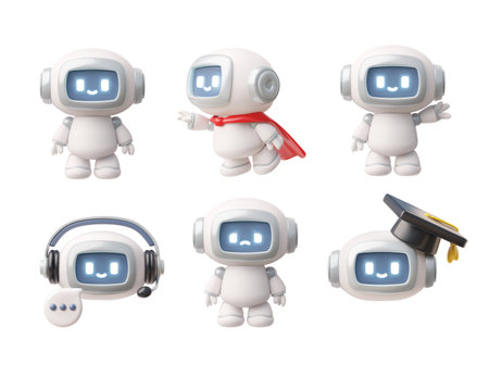 Cute robot chatbot icons in various roles 3D vector illustration set